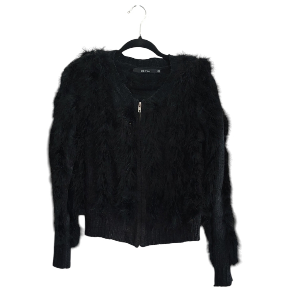 Ark & Co Black Eyelash Plume Zip Up Wool Blend Sweater